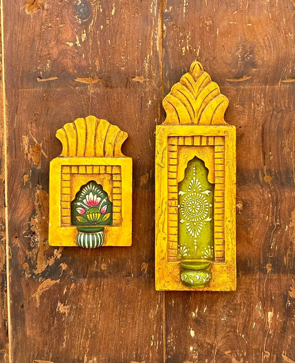 hand-painted wooden jharokha wall frames with mini shelf – traditional floral art (set of 2)