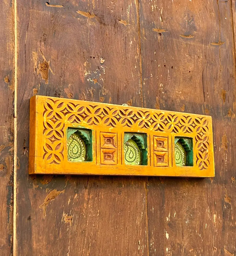 hand-carved & hand-painted wooden jharokha wall frame – traditional paisley window art