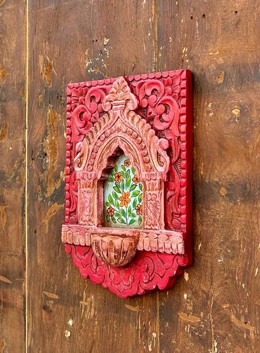 Hand-Carved & Hand-Painted Wooden Jharokha Wall Frame with Mini Shelf – Floral Art