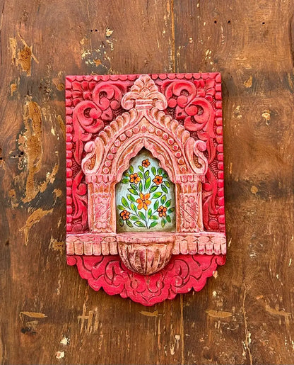 Hand-Carved & Hand-Painted Wooden Jharokha Wall Frame with Mini Shelf – Floral Art