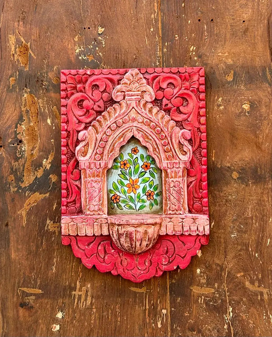 Hand-Carved & Hand-Painted Wooden Jharokha Wall Frame with Mini Shelf – Floral Art