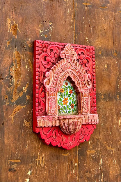 Hand-Carved & Hand-Painted Wooden Jharokha Wall Frame with Mini Shelf – Floral Art