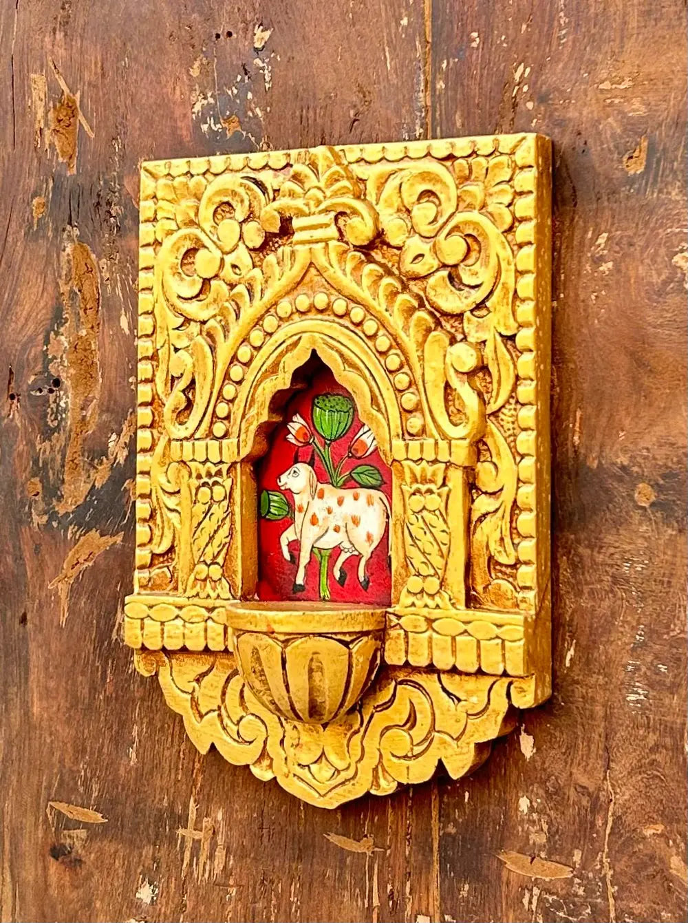 hand-carved wooden jharokha wall frame with mini shelf – traditional cow motif