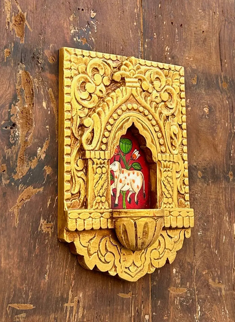 hand-carved wooden jharokha wall frame with mini shelf – traditional cow motif