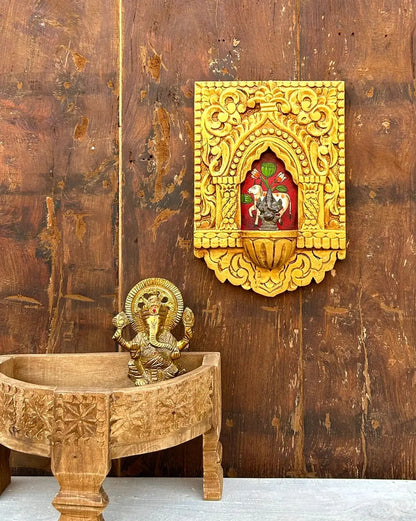 Hand-Carved Wooden Jharokha Wall Frame with Mini Shelf – Traditional Cow Motif