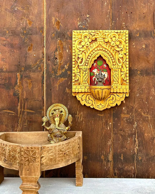 Hand-Carved Wooden Jharokha Wall Frame with Mini Shelf – Traditional Cow Motif