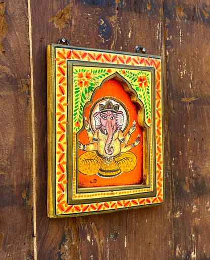 Handcrafted Wooden Ganesha Jharokha Wall Frame with Traditional Hand Painting | Ethnic Indian Wall Décor