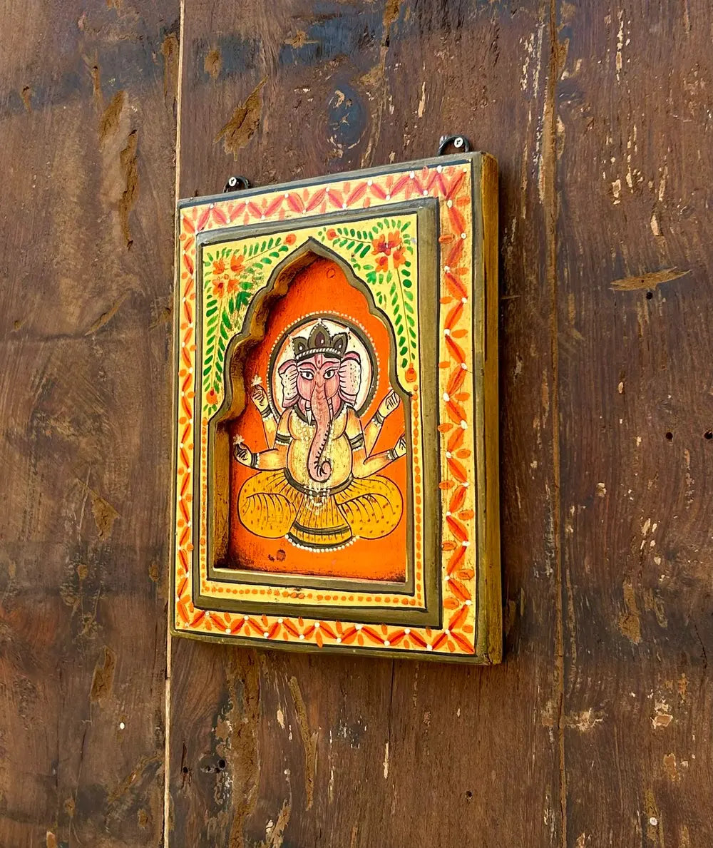 handcrafted wooden ganesha jharokha wall frame with traditional hand painting | ethnic indian wall décor