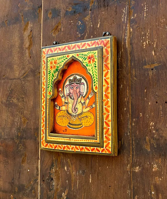 Handcrafted Wooden Ganesha Jharokha Wall Frame with Traditional Hand Painting | Ethnic Indian Wall Décor
