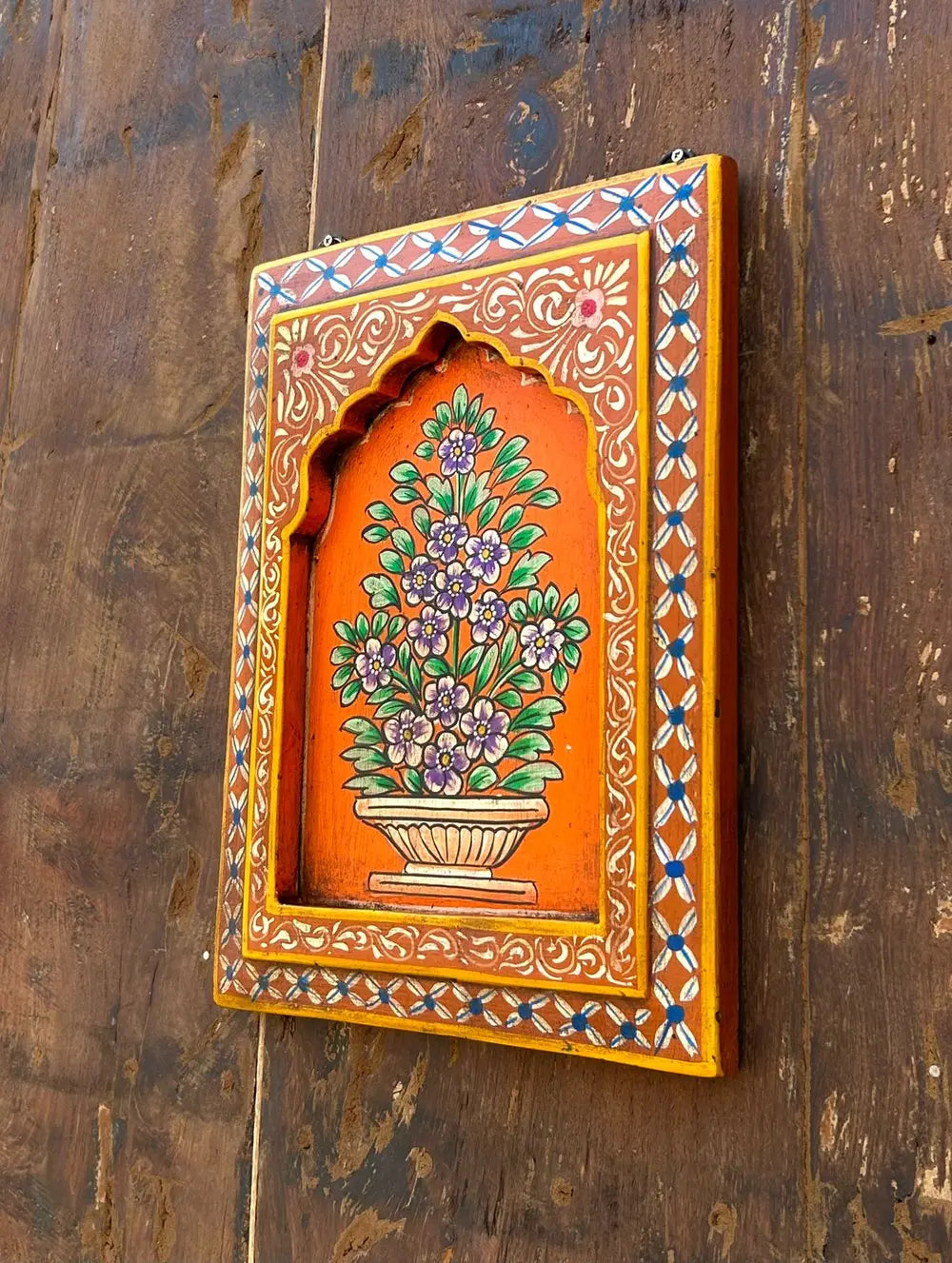 handcrafted wooden floral jharokha wall frame with hand-painted artwork