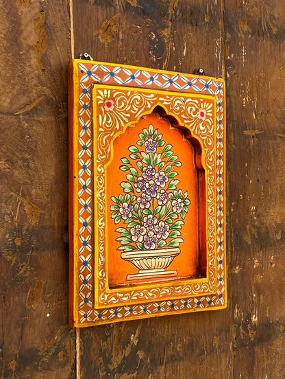 Handcrafted Wooden Floral Jharokha Wall Frame with Hand-Painted Artwork