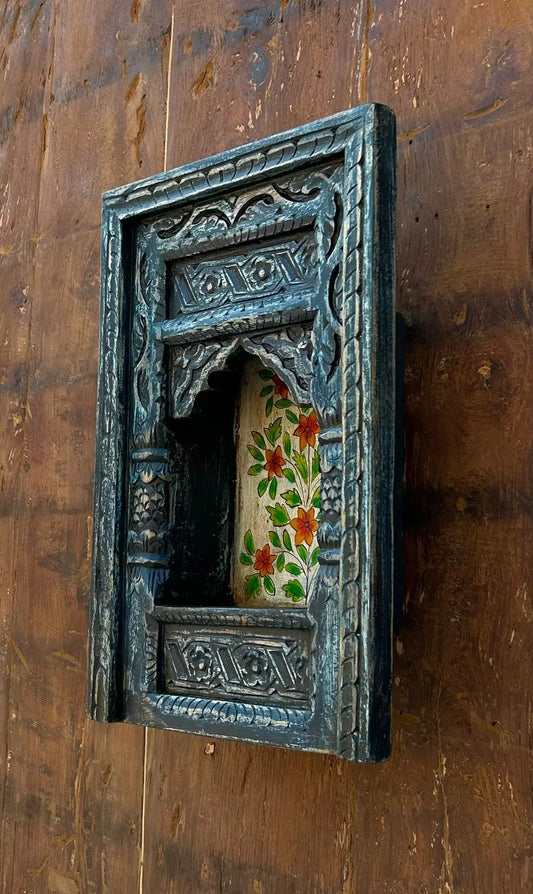 Handcrafted Wooden Jharokha Wall Shelf with Hand-Painted Floral Artwork