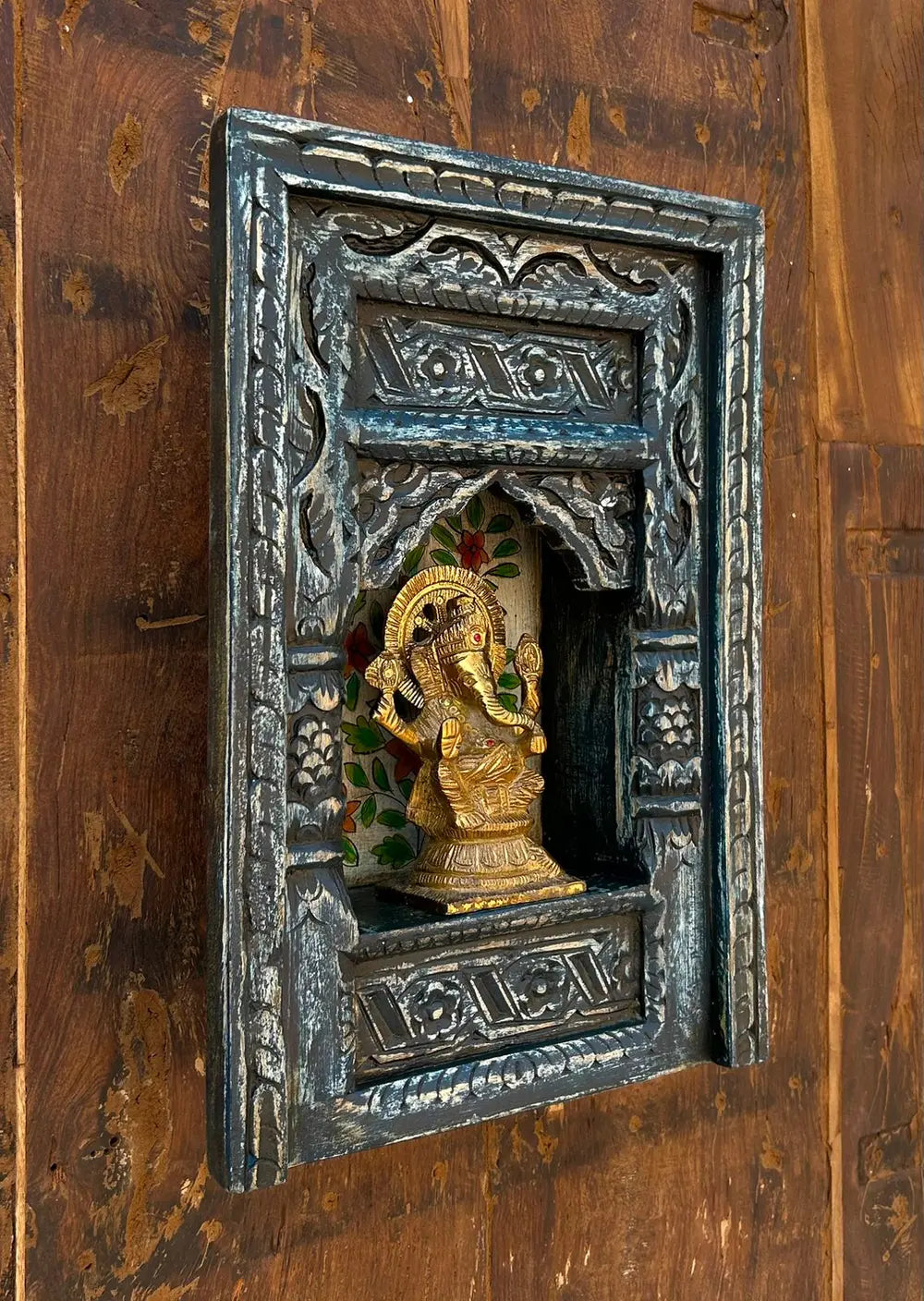 handcrafted wooden jharokha wall shelf with hand-painted floral artwork