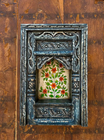 Handcrafted Wooden Jharokha Wall Shelf with Hand-Painted Floral Artwork