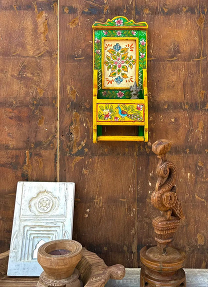 Handcrafted Wooden Wall Shelf with Storage Door and Hand-Painted Traditional Artwork