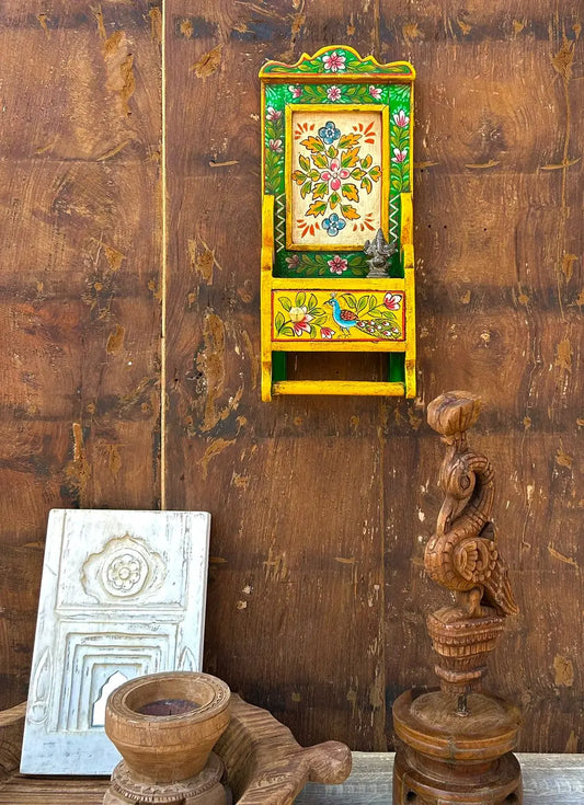 Handcrafted Wooden Wall Shelf with Storage Door and Hand-Painted Traditional Artwork