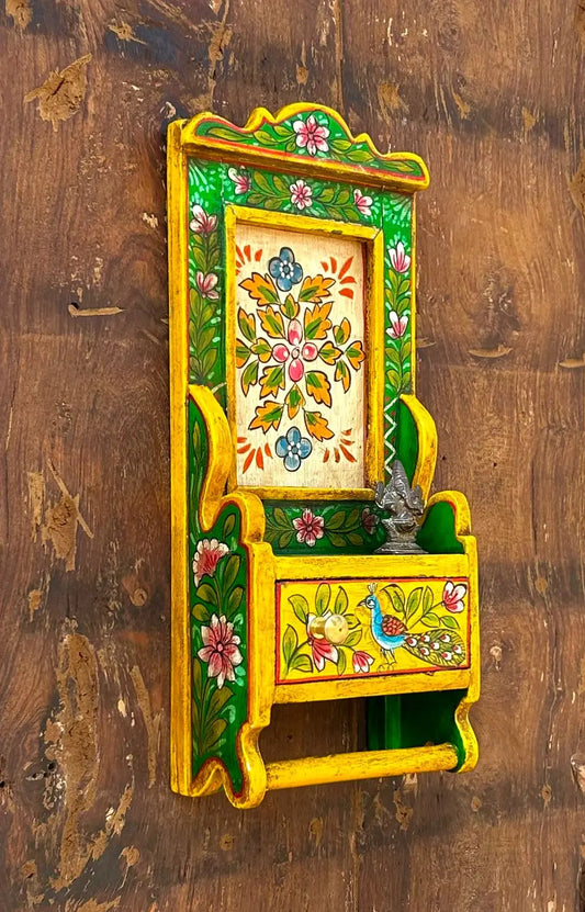 Handcrafted Wooden Wall Shelf with Storage Door and Hand-Painted Traditional Artwork