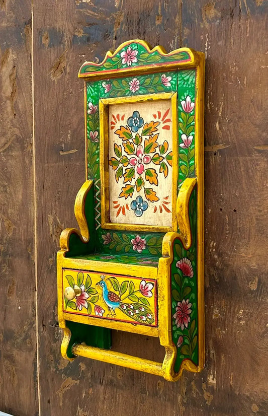 Handcrafted Wooden Wall Shelf with Storage Door and Hand-Painted Traditional Artwork