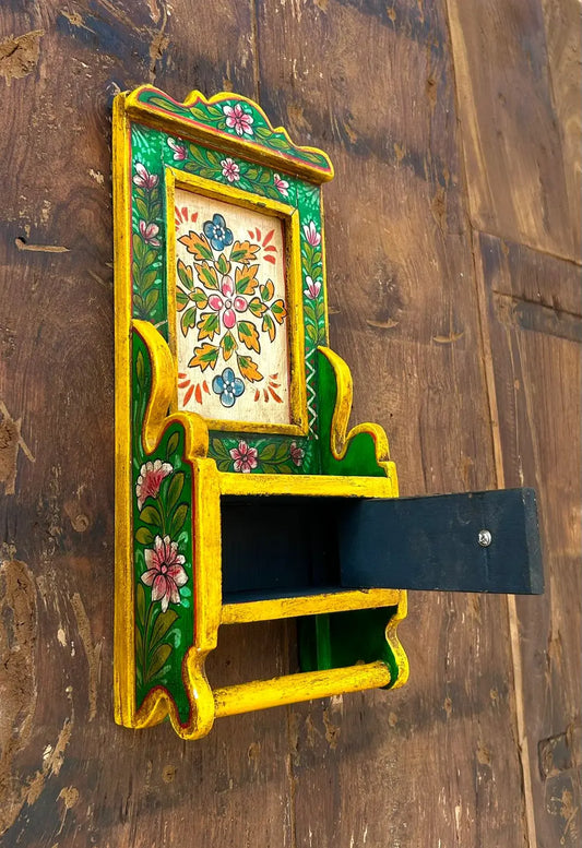 Handcrafted Wooden Wall Shelf with Storage Door and Hand-Painted Traditional Artwork