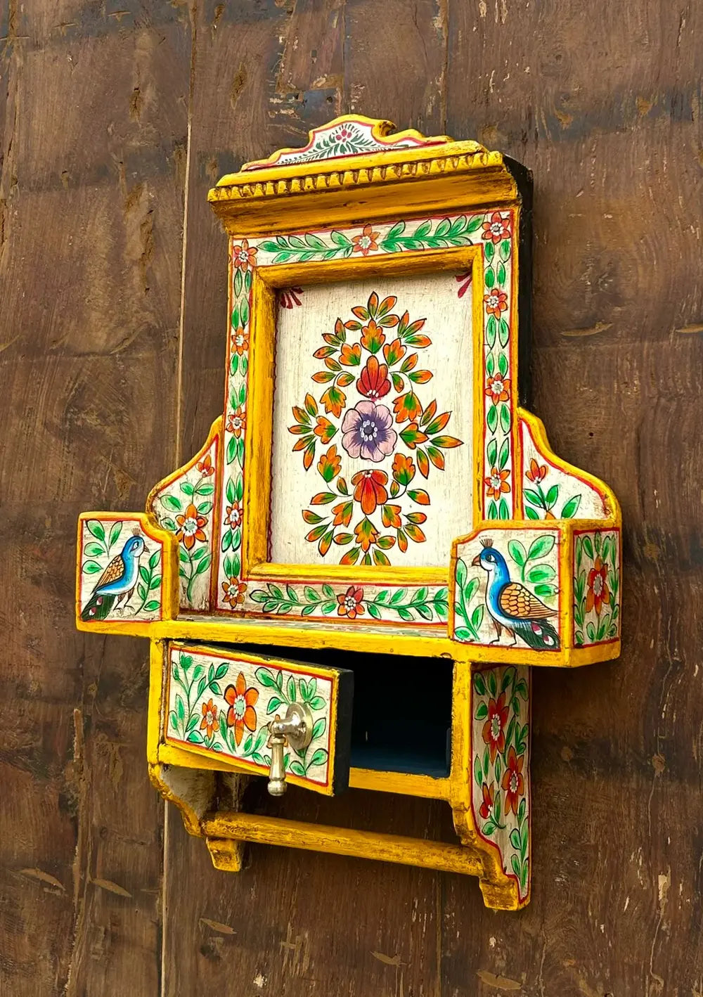 hand-painted wooden wall cabinet | traditional floral & bird design | decorative wall décor