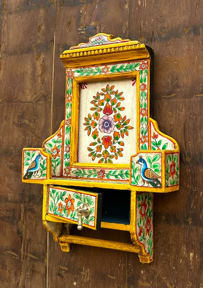 Hand-Painted Wooden Wall Cabinet | Traditional Floral & Bird Design | Decorative Wall Décor