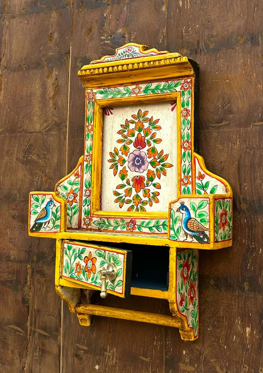 Hand-Painted Wooden Wall Cabinet | Traditional Floral & Bird Design | Decorative Wall Décor