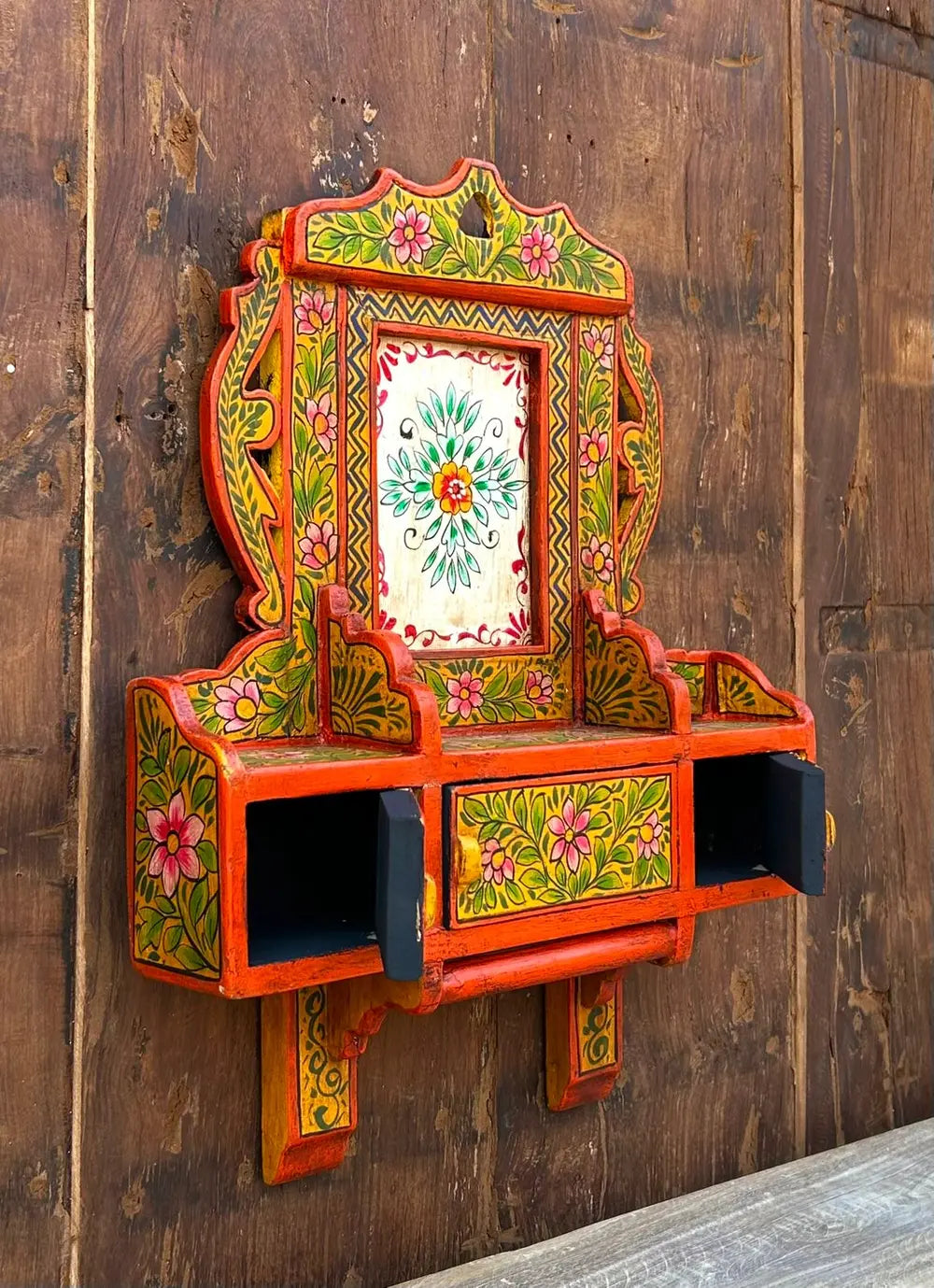 hand-painted wooden wall cabinet with doors | traditional floral wall décor