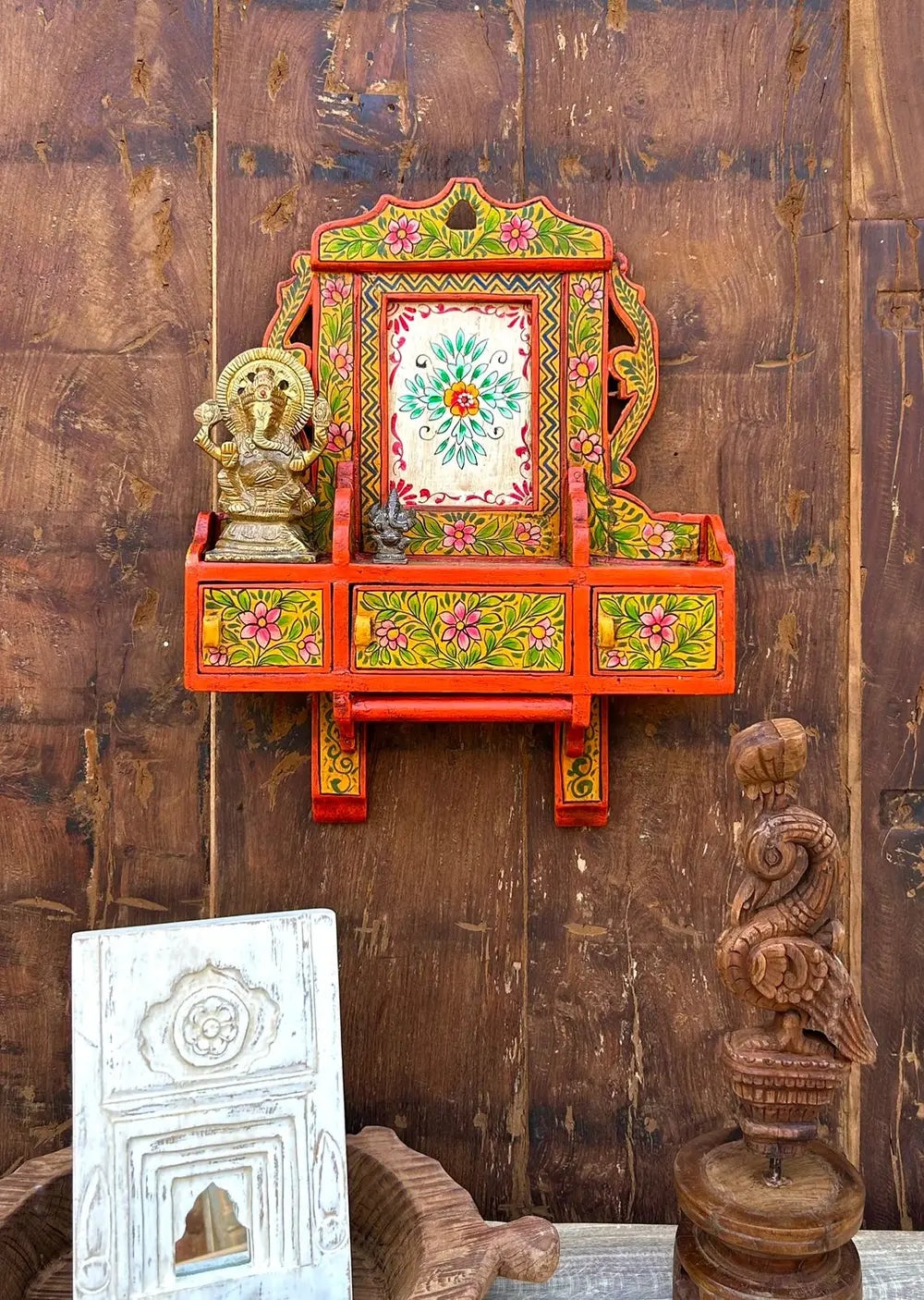 hand-painted wooden wall cabinet with doors | traditional floral wall décor