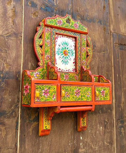 Hand-Painted Wooden Wall Cabinet with Doors | Traditional Floral Wall Décor