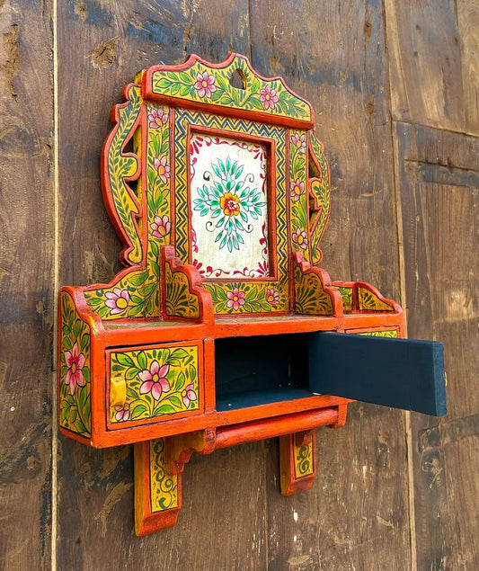 Hand-Painted Wooden Wall Cabinet with Doors | Traditional Floral Wall Décor