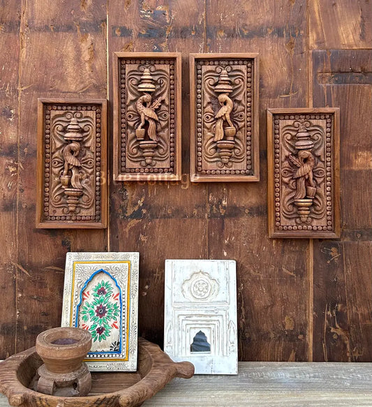 Hand-Carved Wooden Wall Panels (Set of 4) | Traditional Bird Motif Wall Art