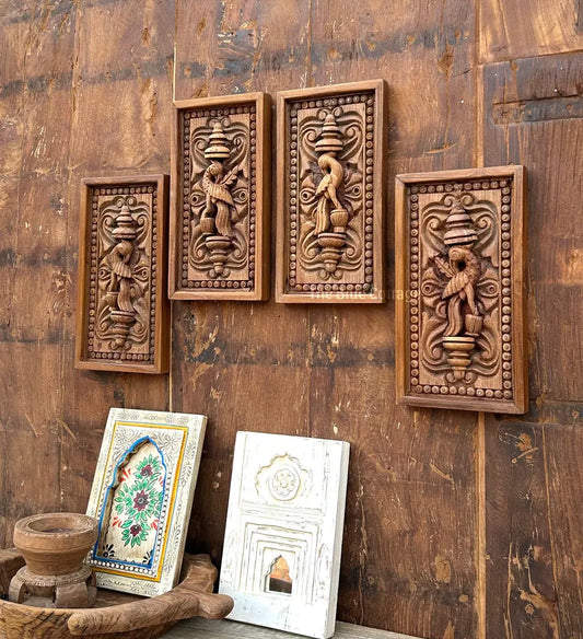 Hand-Carved Wooden Wall Panels (Set of 4) | Traditional Bird Motif Wall Art