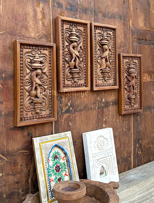 Hand-Carved Wooden Wall Panels (Set of 4) | Traditional Bird Motif Wall Art