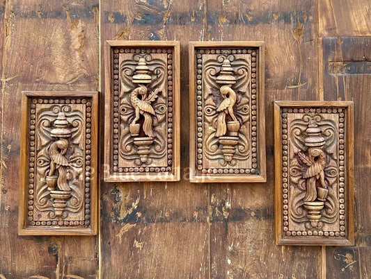 Hand-Carved Wooden Wall Panels (Set of 4) | Traditional Bird Motif Wall Art