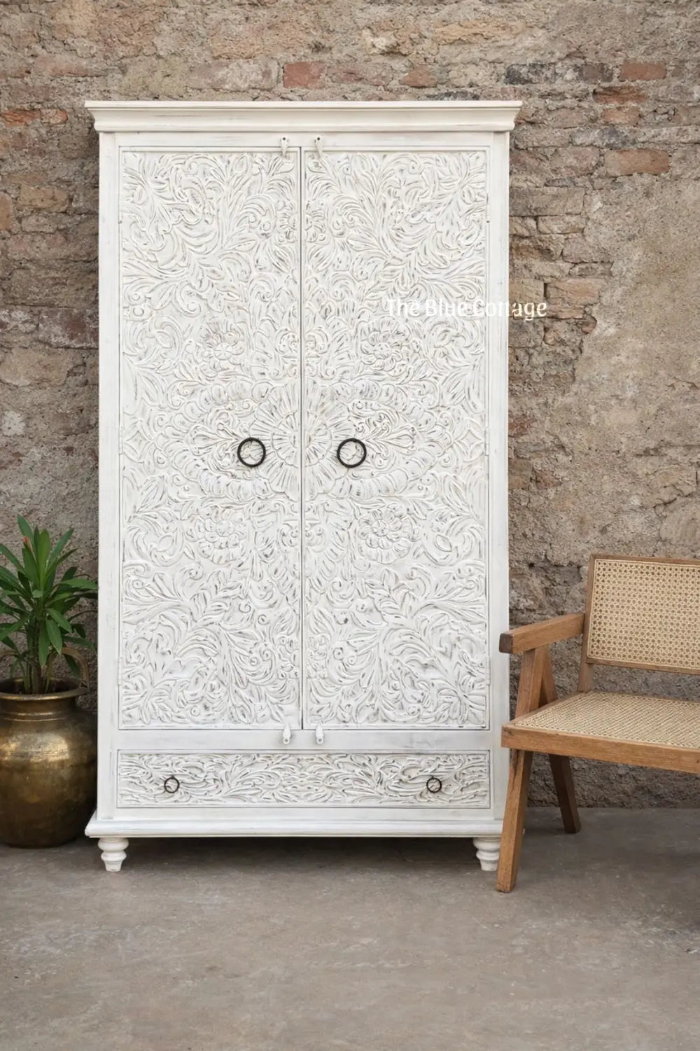 hand carved wooden almirah cabinet with drawer | white wash & bleach finish