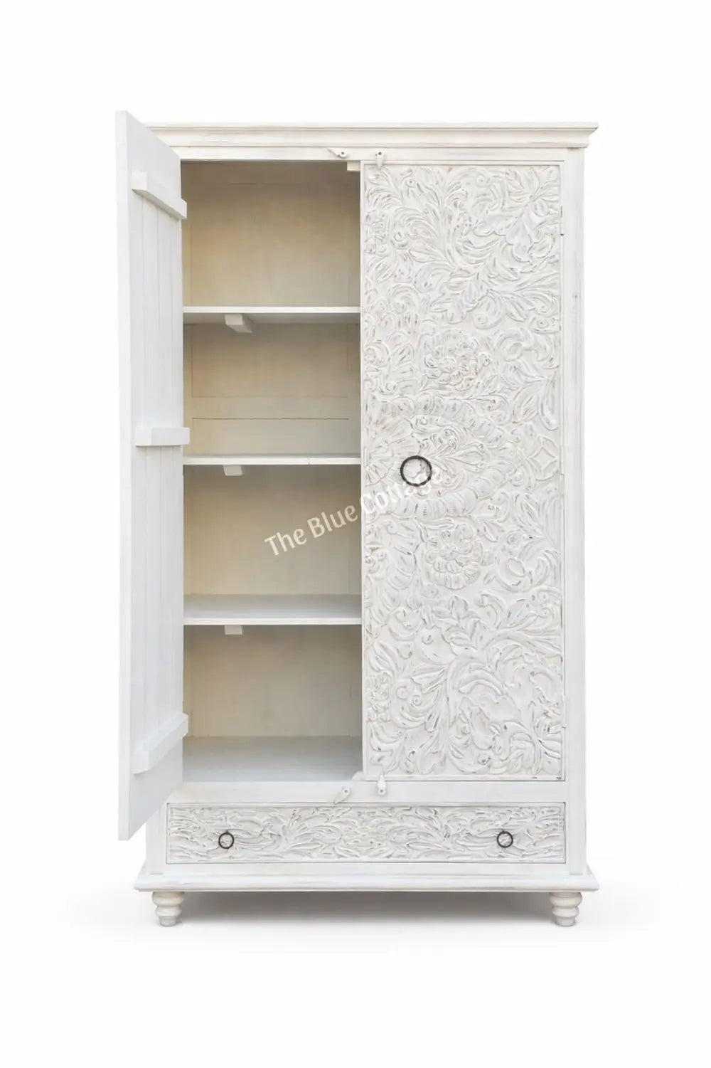 hand carved wooden almirah cabinet with drawer | white wash & bleach finish