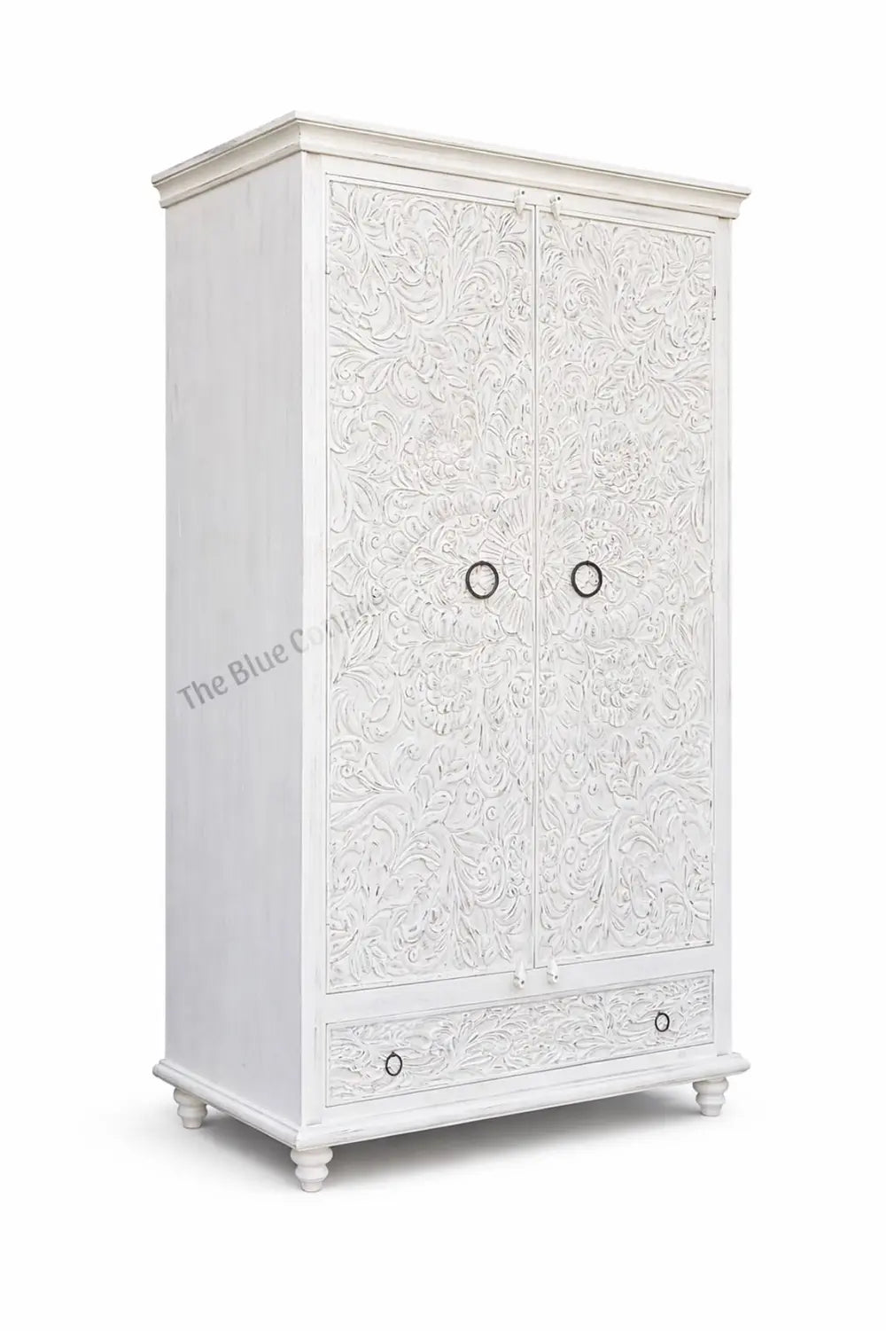 hand carved wooden almirah cabinet with drawer | white wash & bleach finish