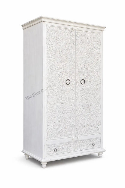 Hand Carved Wooden Almirah Cabinet with Drawer | White Wash & Bleach Finish