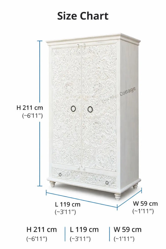Hand Carved Wooden Almirah Cabinet with Drawer | White Wash & Bleach Finish