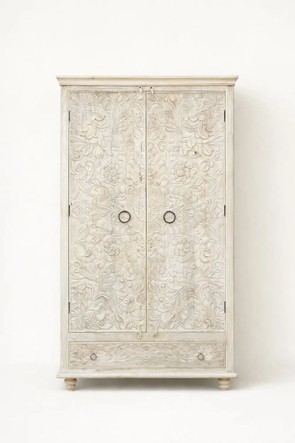 Hand Carved Wooden Almirah Cabinet with Drawer | White Wash & Bleach Finish