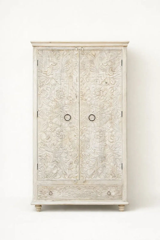 Hand Carved Wooden Almirah Cabinet with Drawer | White Wash & Bleach Finish
