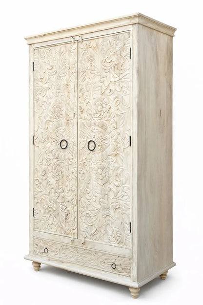 Hand Carved Wooden Almirah Cabinet with Drawer | White Wash & Bleach Finish