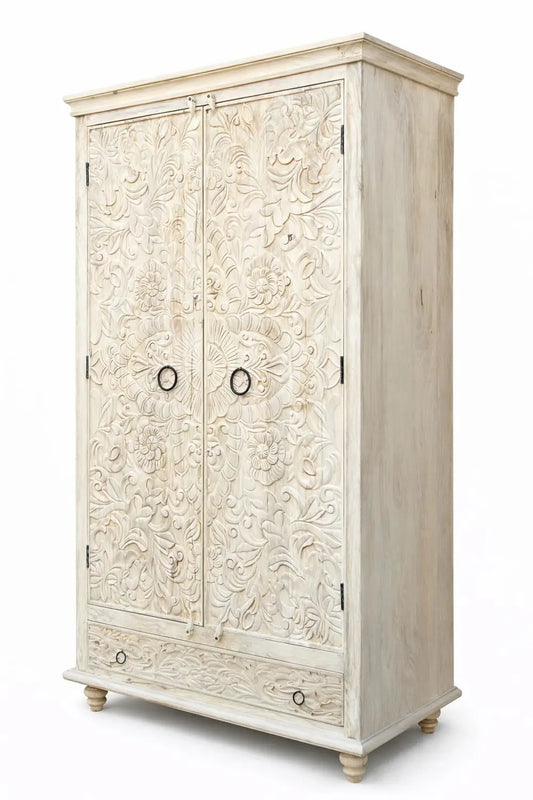 Hand Carved Wooden Almirah Cabinet with Drawer | White Wash & Bleach Finish