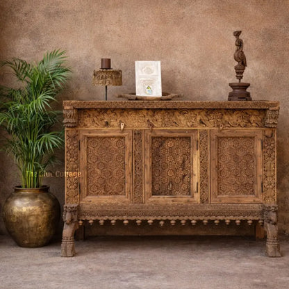 Hand-Carved Vintage Wooden Damachiya Sideboard – Natural Wood Finish