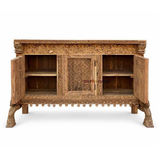Hand-Carved Vintage Wooden Damachiya Sideboard – Natural Wood Finish