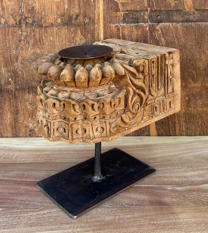 Vintage Hand-Carved Wooden Candle Holder on Iron Stand