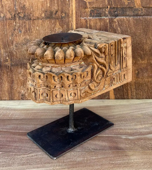 Vintage Hand-Carved Wooden Candle Holder on Iron Stand