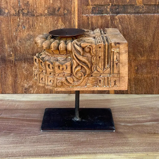 Vintage Hand-Carved Wooden Candle Holder on Iron Stand