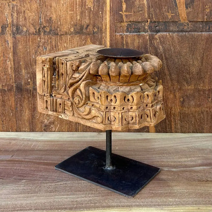 Vintage Hand-Carved Wooden Candle Holder on Iron Stand