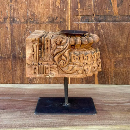 Vintage Hand-Carved Wooden Candle Holder on Iron Stand